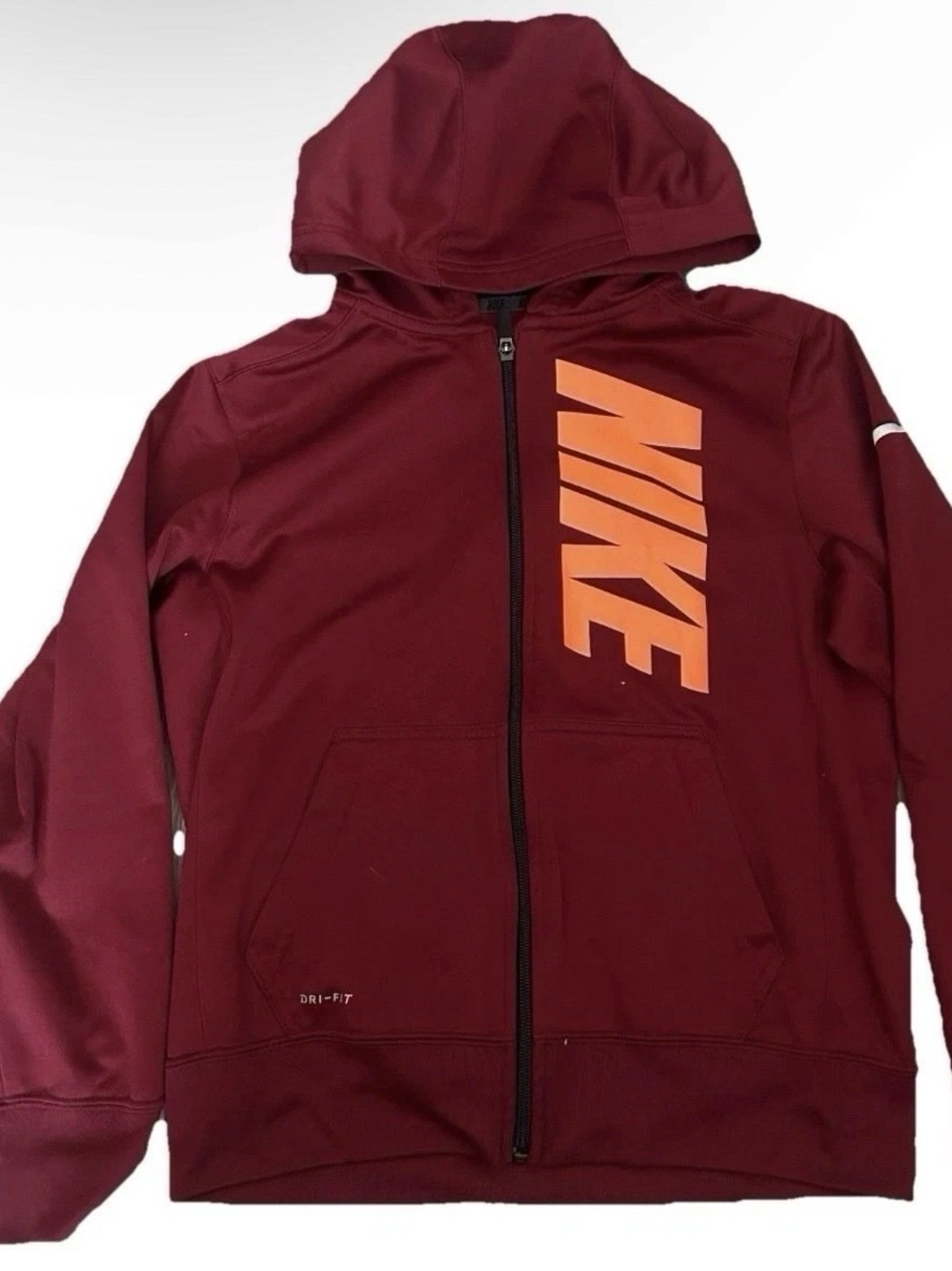 Nike Youth Maroon Full Zip Hoodie With Orange Logo Size Large